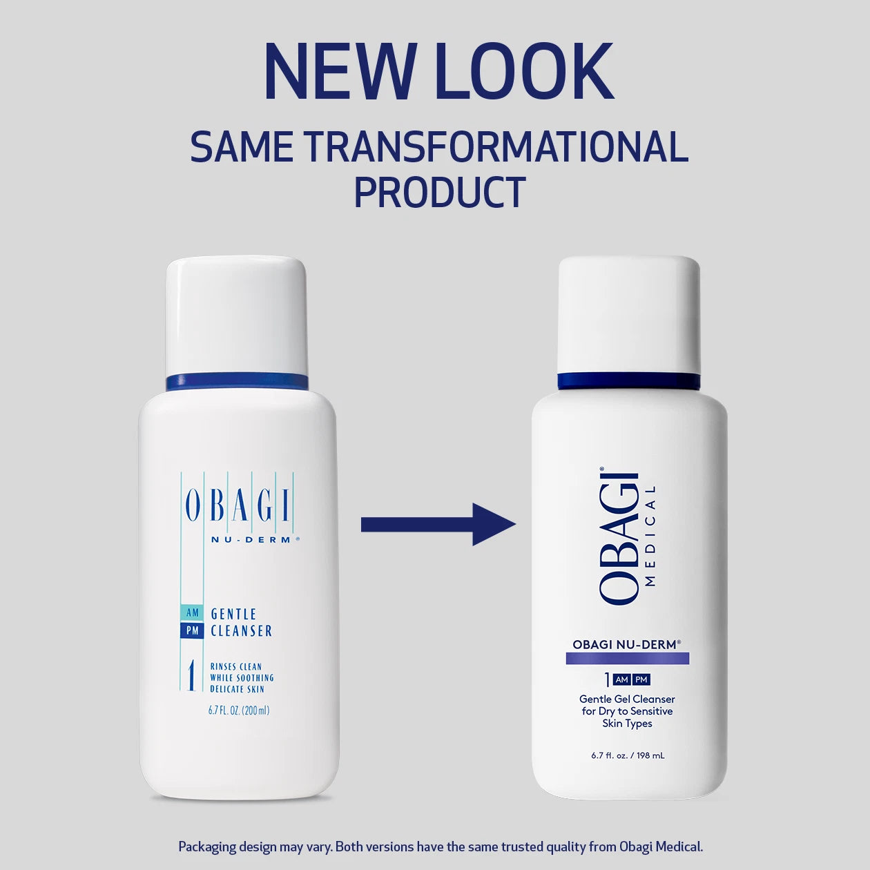 New Obagi Nu-Derm Gentle Cleanser packaging with updated clinical bottle design, gentle yet effective daily cleanser for sensitive and acne-prone skin.