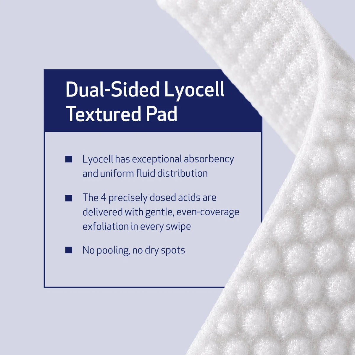 A promotional graphic for a dual-sided lyocell textured pad, showing a close-up of the white textured pad on the right and a navy and white text box on the left describing its absorbency and acid treatment.