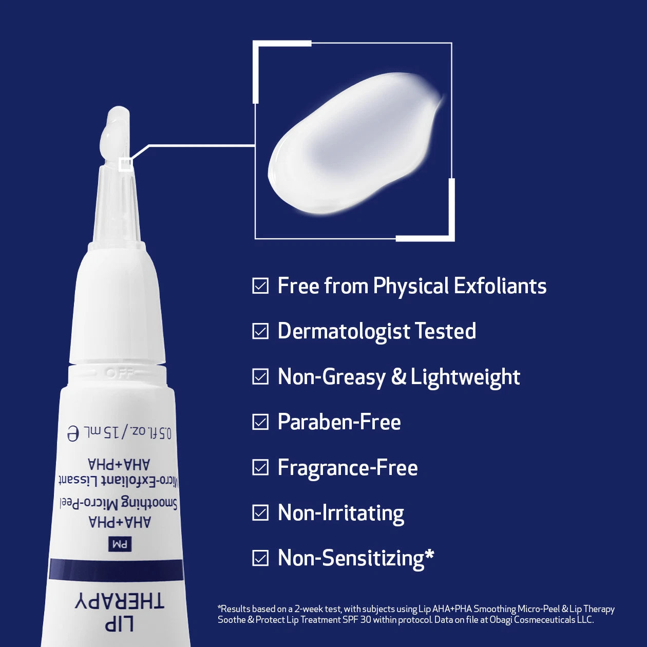 Obagi AHA+PHA Micro-Peel—gentle acid formula for lip renewal and hydration.