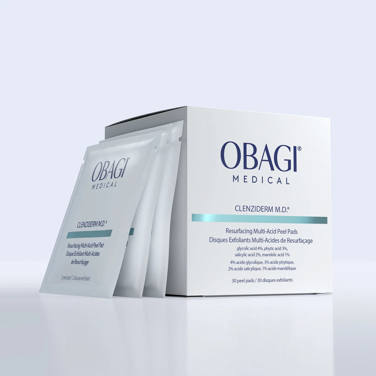 Obagi CLENZIderm Resurfacing Multi-Acid Peel Pads 30-count container with four targeted exfoliating acids.