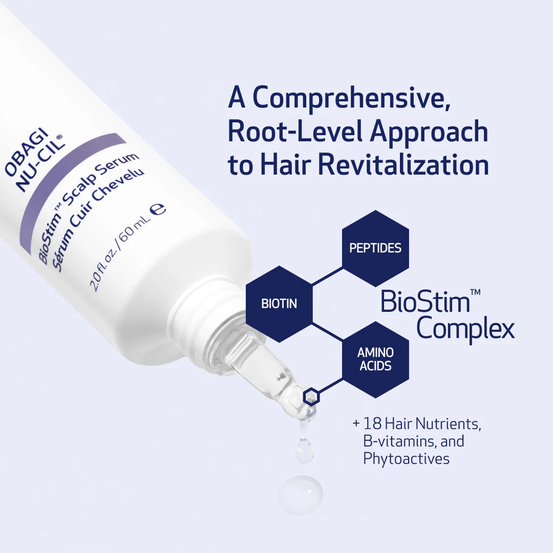 Close-up of Obagi Nu-Cil BioStim Scalp Serum and key ingredients.