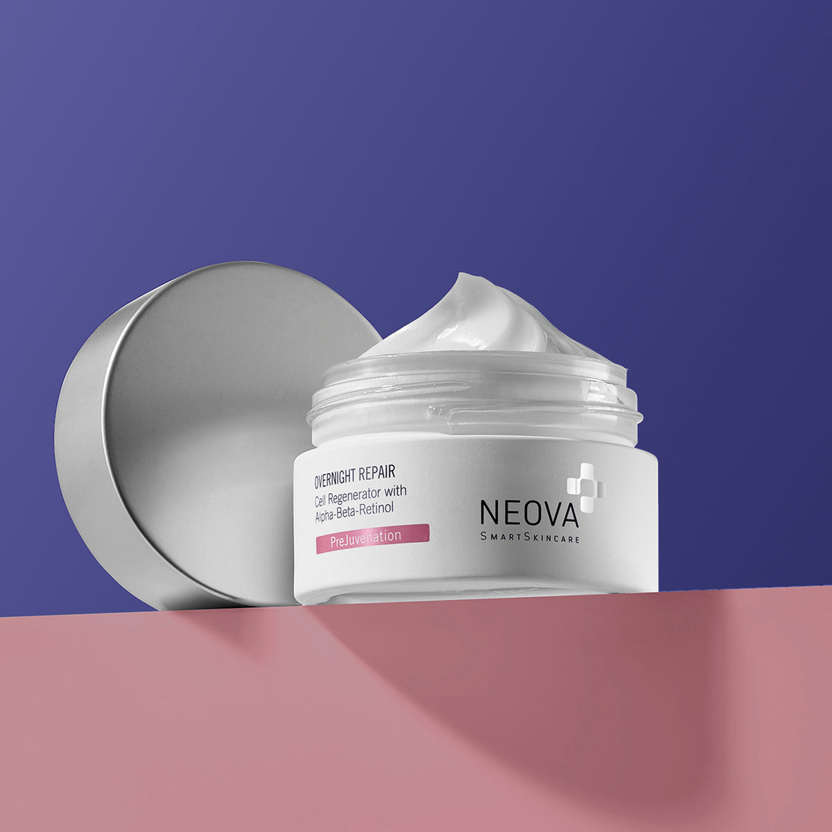 Neova skincare product - Overnight Repair - jar with lid on a gradient purple and pink background
