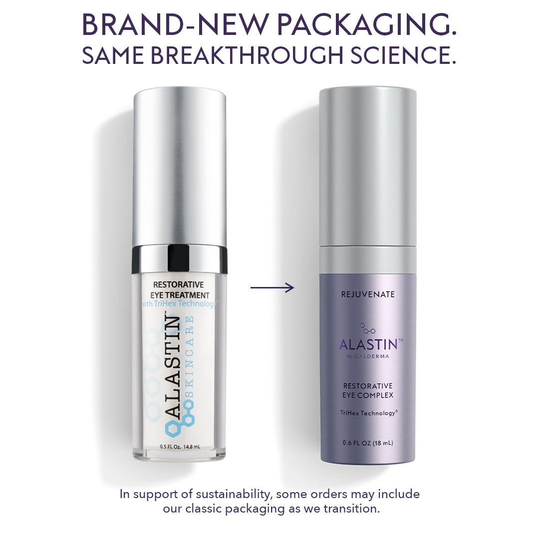 Two cosmetic eye treatment bottles shown on a white background with promotional text. The left bottle has a clear lower section and a silver cap, labeled ALASTIN 16 SKINCARE Restorative Eye Treatment.