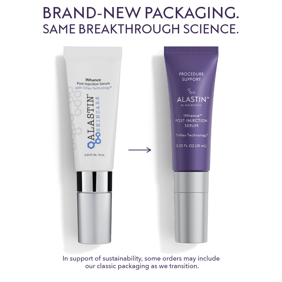Alastin INhance Serum soothing post-injection treatment for redness, bruising, swelling, and skin recovery. Packaging update with same breakthrough science and formulation.