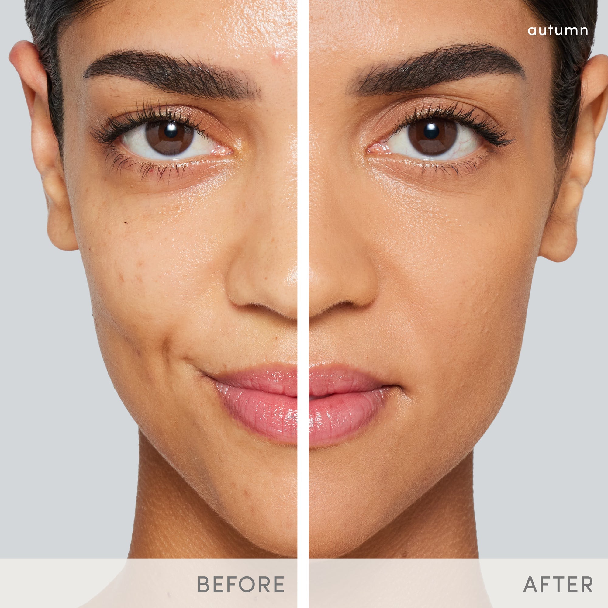 Jane Iredale PurePressed Base before after in Autumn shade—multi-tasking mineral powder foundation for natural, radiant skin.