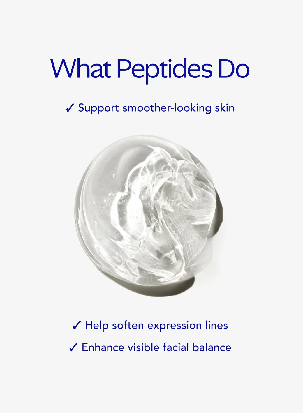 Texture of ZO Peptide Serum with text about peptides' benefits on a white background
