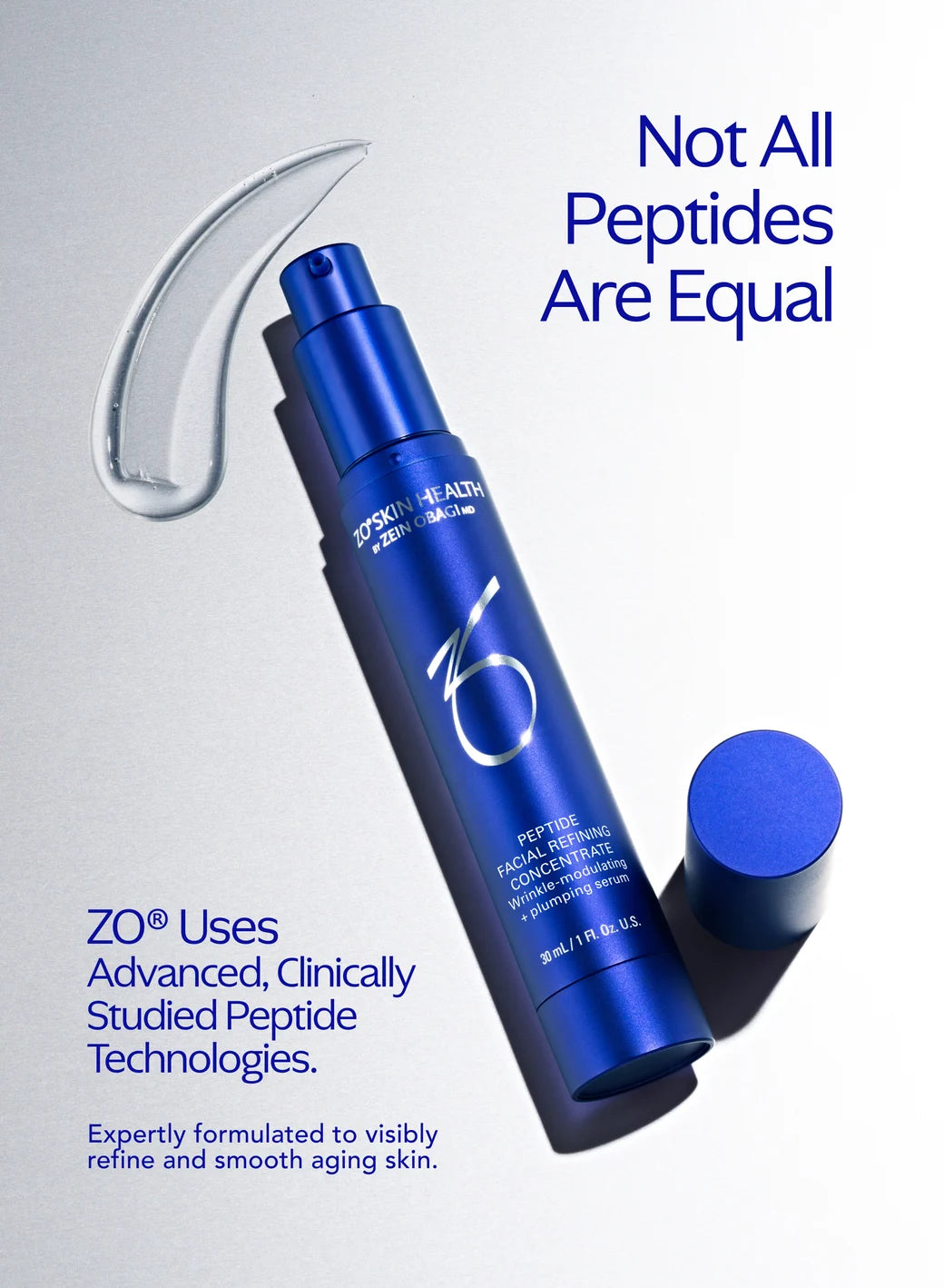 Blue Peptide Facial Refining Concentrate with text about peptides on a gray background