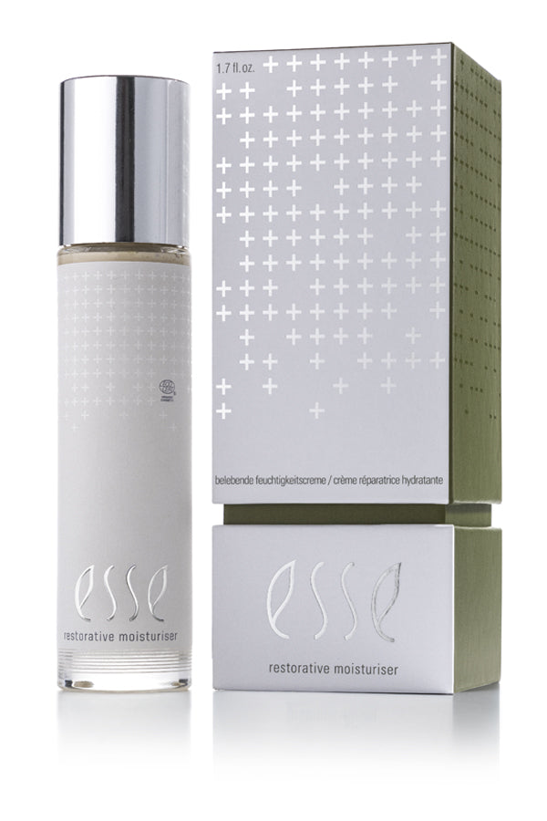 Esse restorative moisturizer bottle and packaging on a white background. Esse Restorative Moisturiser rich probiotic moisturiser for dry, mature, and ageing skin.