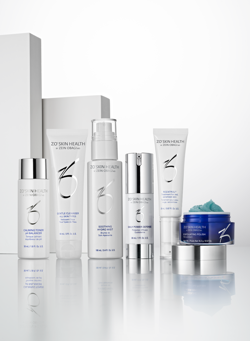 Flat‑lay of full ZO Redness Relief kit on bathroom counter—complete routine for rosacea‑prone, sensitive skin.