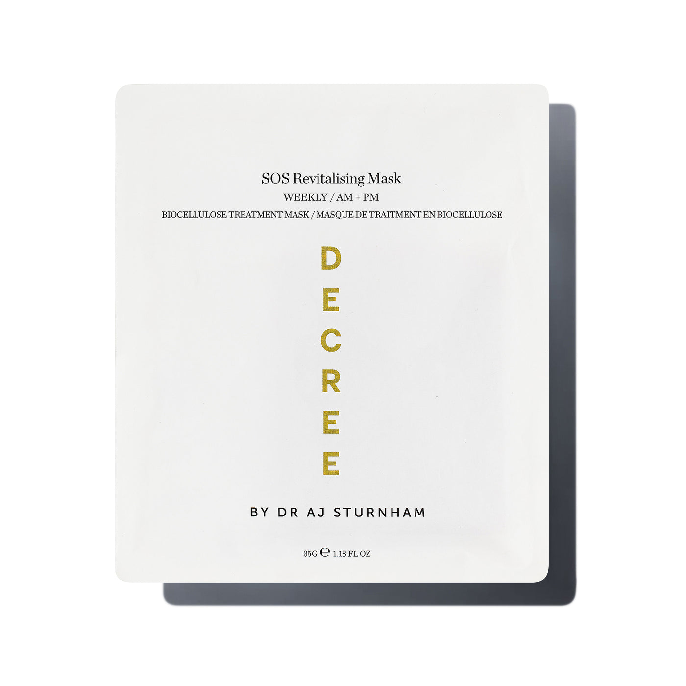 SOS Revitalising Mask packaging with 'Decree by Dr. AJ Sturnham' text on a white background. Decree SOS Revitalising Mask packaging for hydrating, calming, and brightening tired-looking skin.