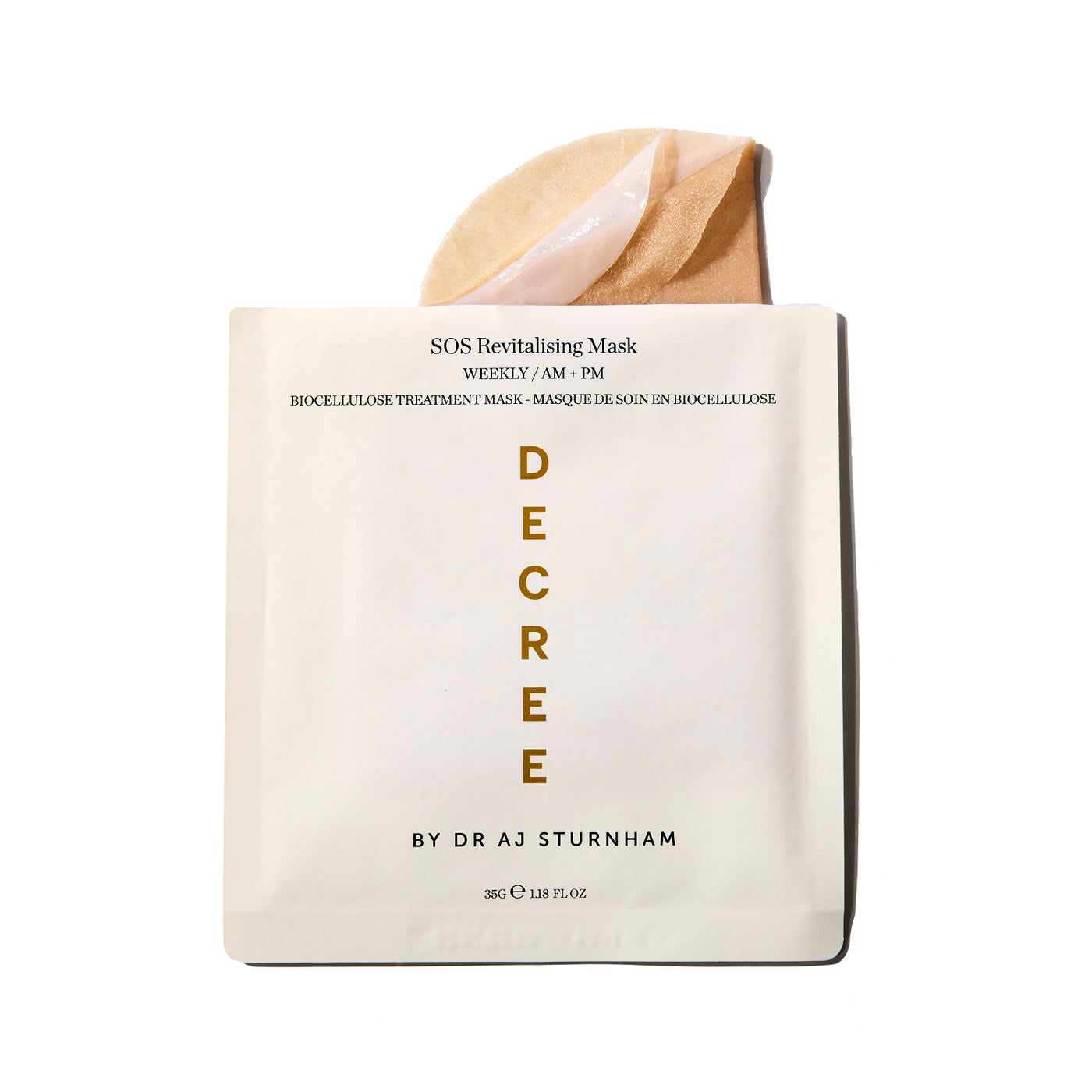 A single skincare mask packet from DECREASE BY DR AJ STURNHAM on a clean white background, with a beige sheet partially visible at the top.