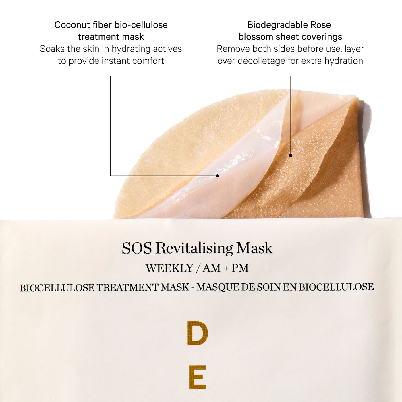 SOS Revitalising Mask with coconut fiber bio-cellulose treatment and biodegradable rose blossom sheet coverings. Decree SOS Revitalising Mask for plumper, softer, smoother, and more radiant-looking skin.
