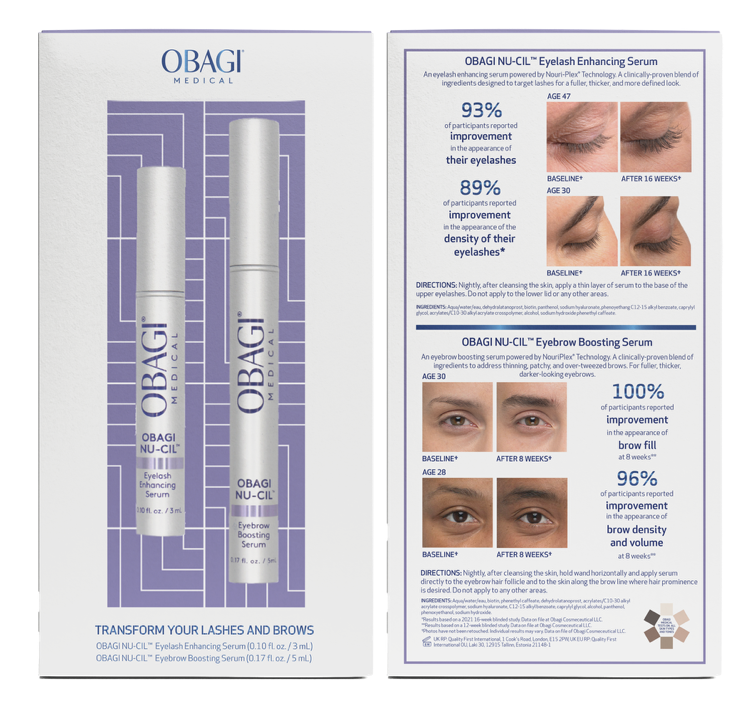 Obagi eyelash and eyebrow serum packaging with product details and before-and-after images.