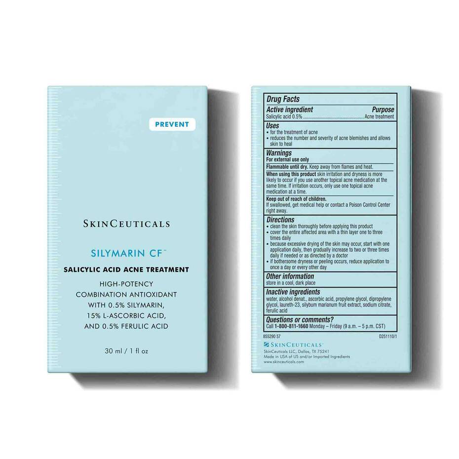 SkinCeuticals Silymarin CF packaging with drug facts panel on a white background