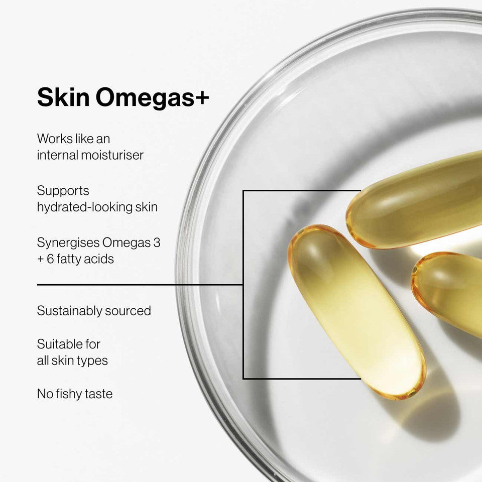Advanced Nutrition Programme Skin Omegas+ softgels with fish oil and evening primrose oil.