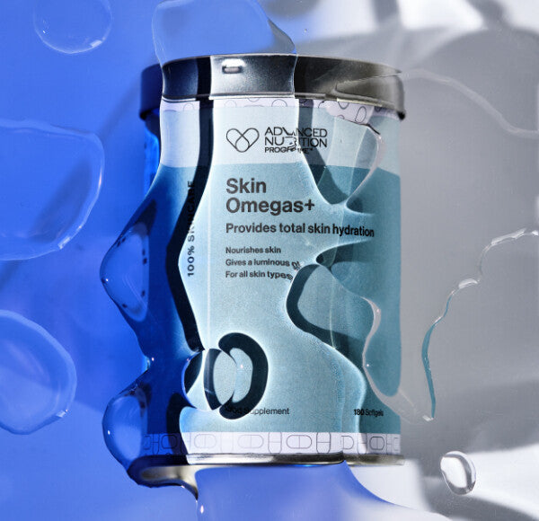 Advanced Nutrition Programme Skin Omegas+ packaging and softgels for daily skin health and radiance support.