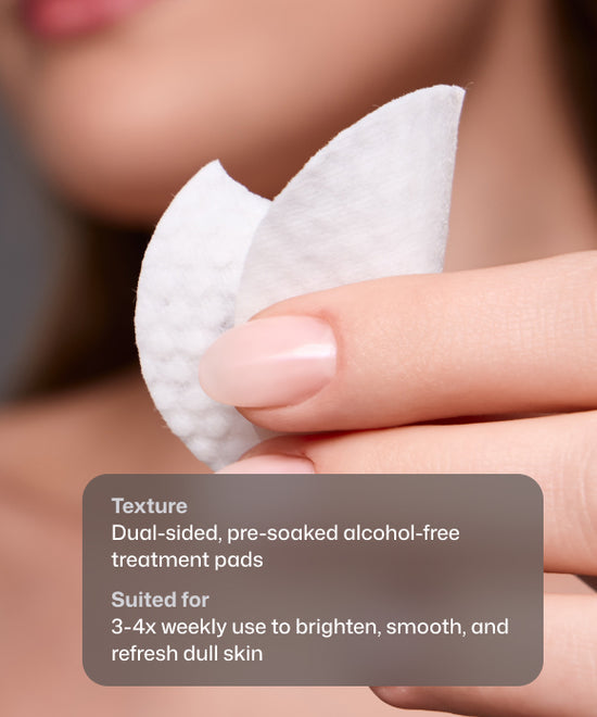 A close-up of a person holding a white cotton treatment pad against a blurred skin background, with text overlay describing the pad as dual-sided, pre-soaked, alcohol-free, and suitable for weekly use. Dual-sided Revision Tone+ Correcting Pad with smooth and textured surfaces for controlled exfoliation.