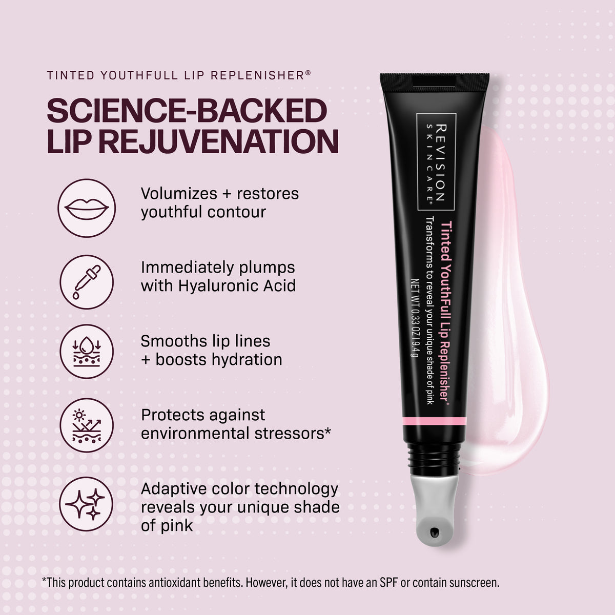 Revlon Tinted Youthfull Lip Replenisher with product features on a pink background