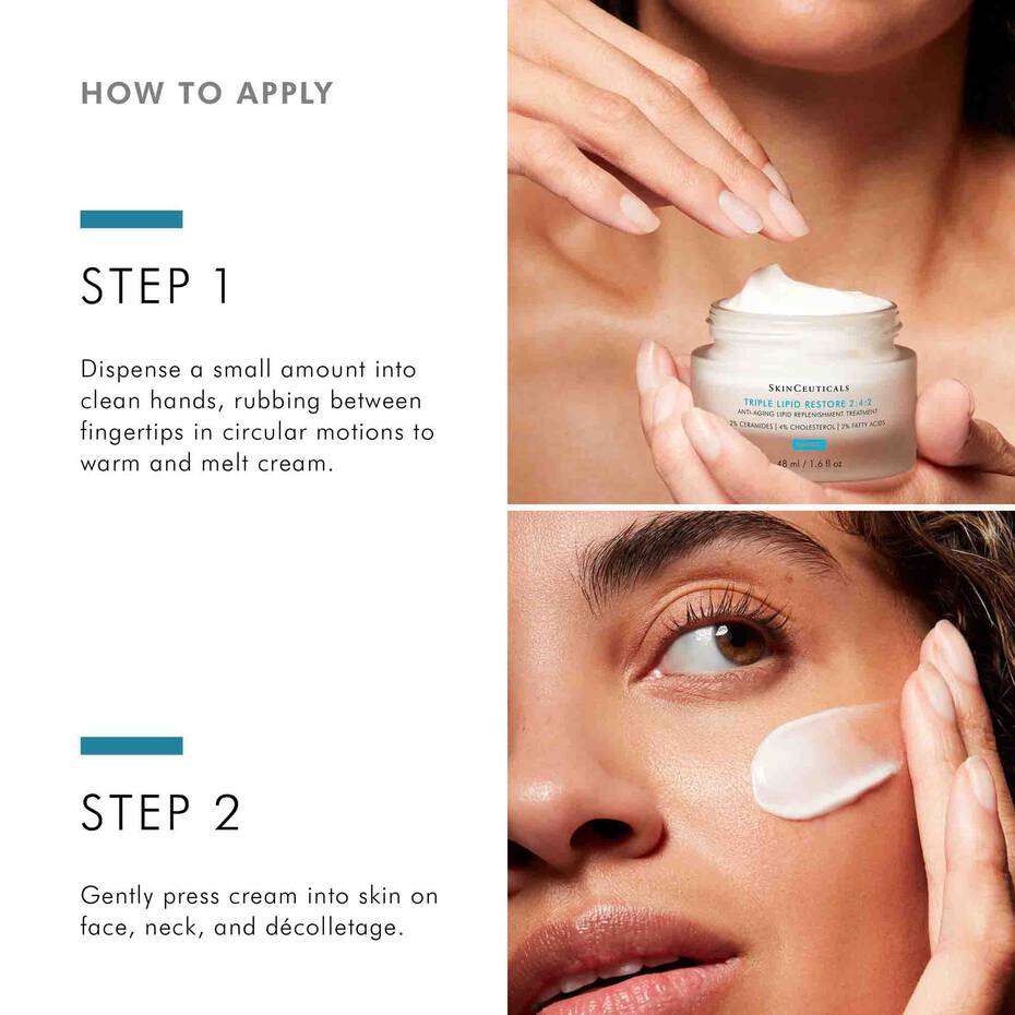 Model applying Triple Lipid Restore—ceramide‑rich treatment for dehydrated skin.