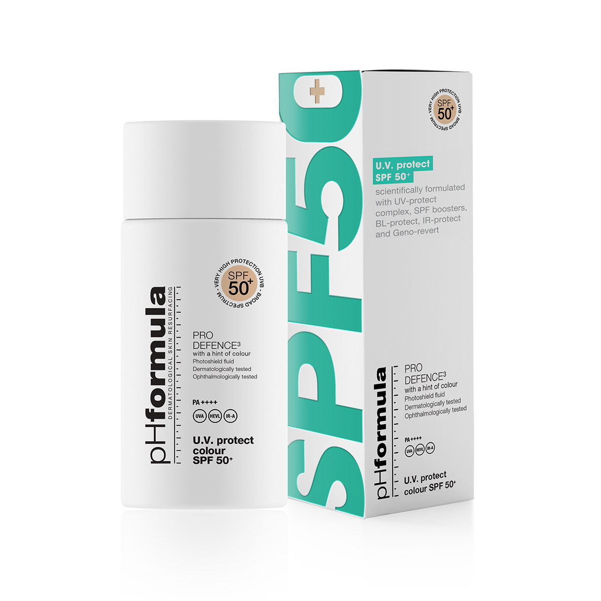 pHformula UV protect colour SPF 50 sunscreen packaging with a white background