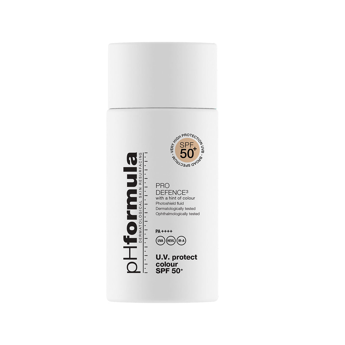 A white bottle of pH formula Pro Defence SPF 50+ sunscreen with black text and a gold circular badge, shown on a plain white background. Lightweight facial sunscreen with advanced environmental defence.