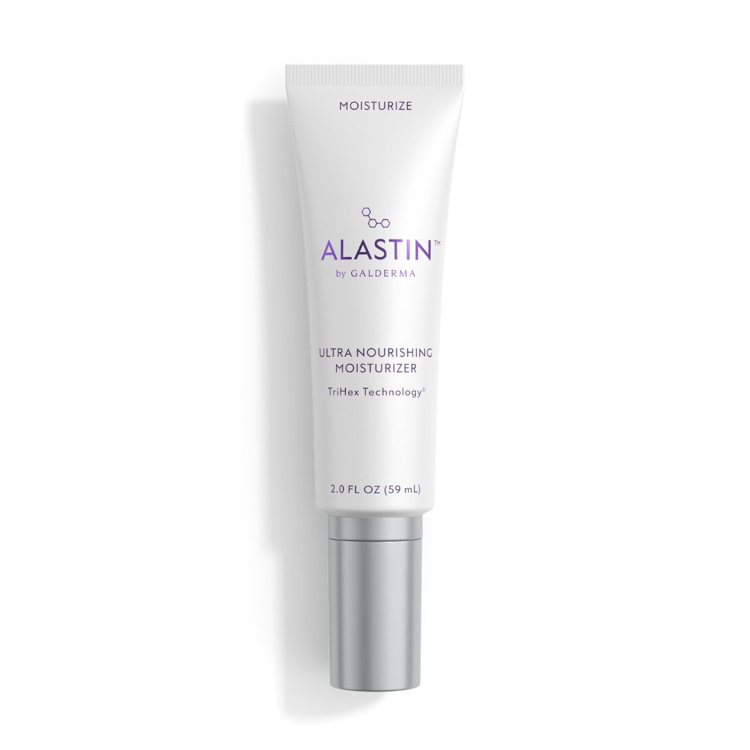 A 2.0 fl oz white squeeze tube of Alastin by Galderma Ultra Nourishing Moisturizer with a metallic silver cap, shown on a clean white background with a soft shadow. Alastin Ultra Nourishing Moisturizer with TriHex Technology® for rich hydration and soothed, nourished skin.