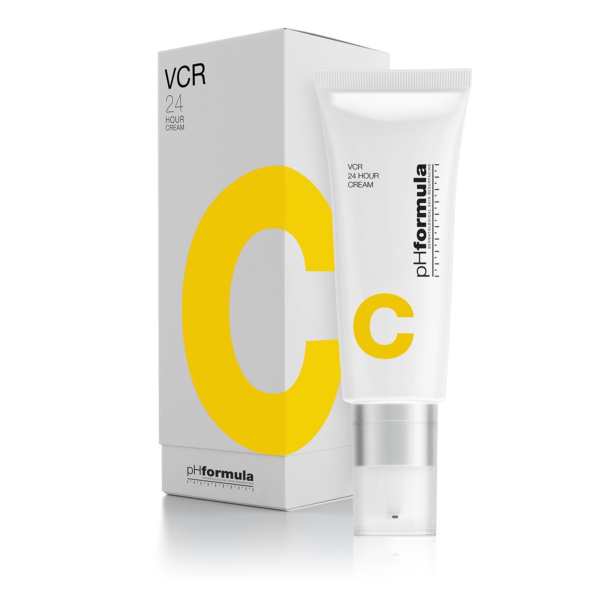 VCR 24 Hour Cream packaging with a large yellow 'C' on a white background. Antioxidant moisturiser for hydration and barrier support.