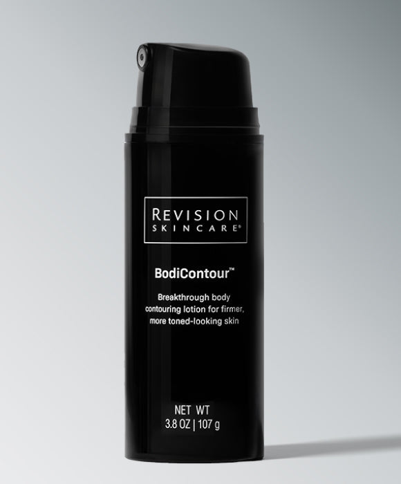 A black cylindrical pump bottle of Revision Skincare BodiContour body contouring lotion, shown against a neutral gray background.