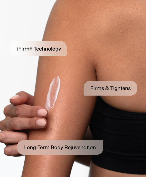 Revision BodiContour body lotion with iFirm® Technology for visibly firmer, smoother, more toned-looking skin. BodiContour lotion applied to the arm to improve the appearance of crepey, sagging skin.