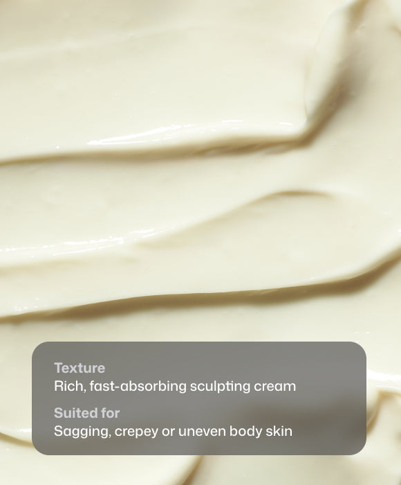 Cream-colored cosmetic texture close-up for Revision BodiContour with a semi-transparent gray label reading 'Texture Rich, fast-absorbing sculpting cream Suited for Sagging, crepey or uneven body skin'.