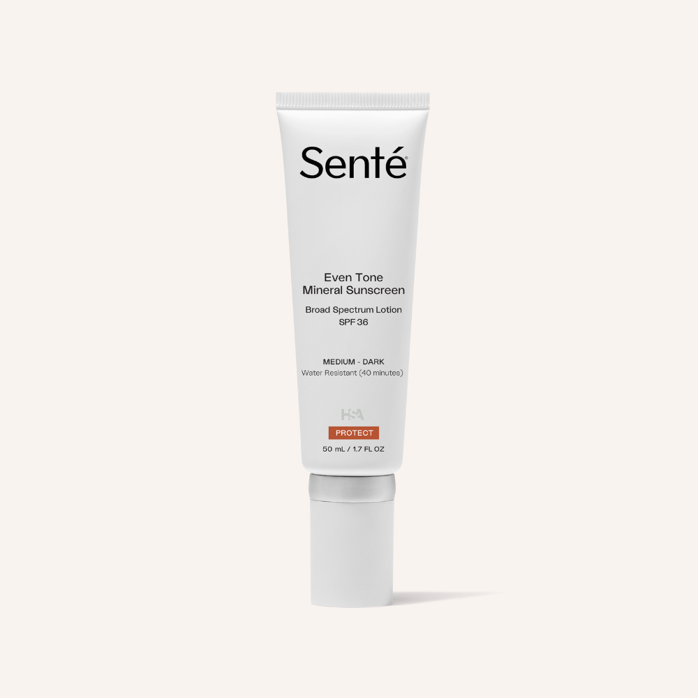 Senté Even Tone Mineral Sunscreen packaging—hypoallergenic, water resistant sunscreen for sensitive skin.