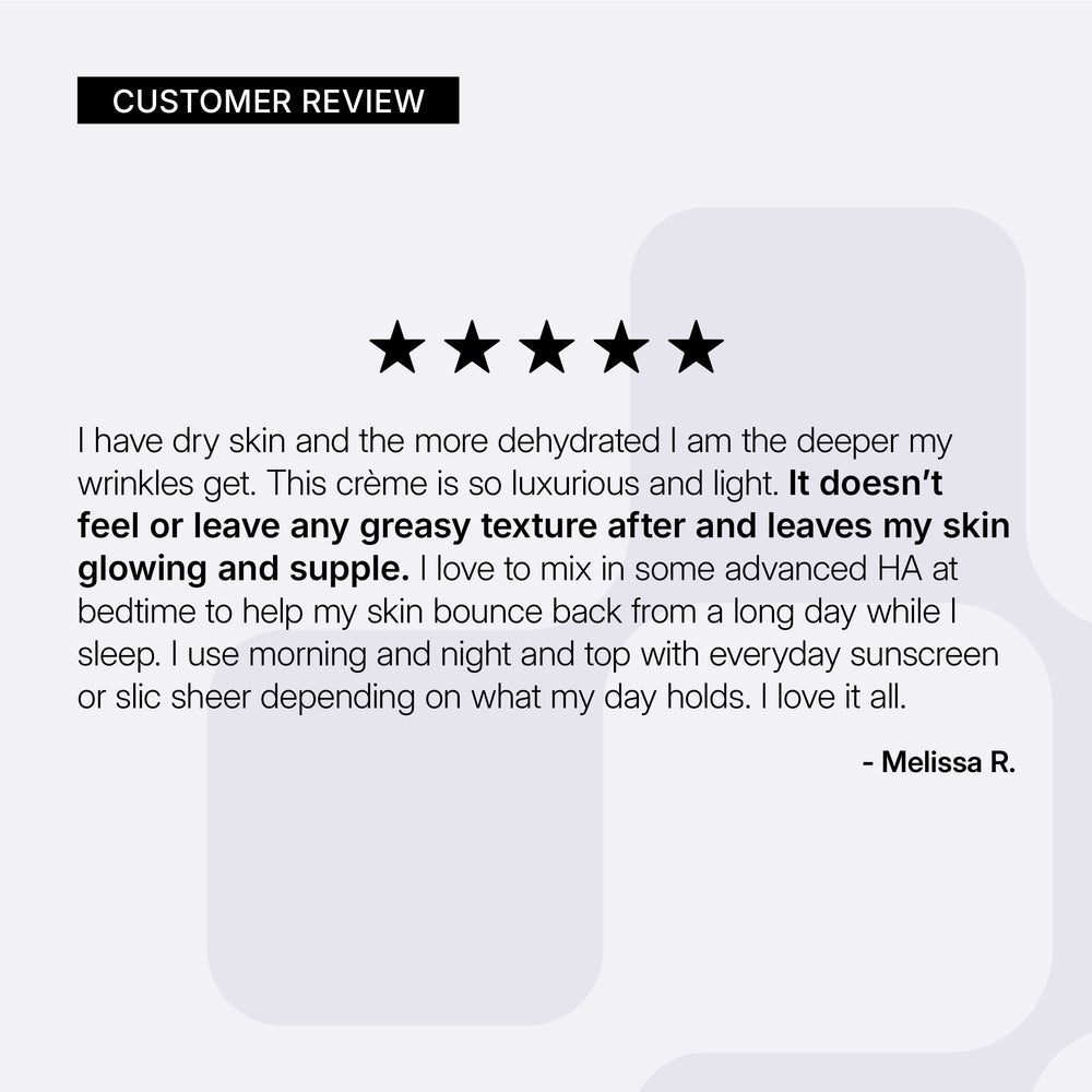 A customer review graphic with a black 'CUSTOMER REVIEW' header, five black stars, and a quote from Melissa R. on a very light gray background on NEOVA Crème de la Copper.