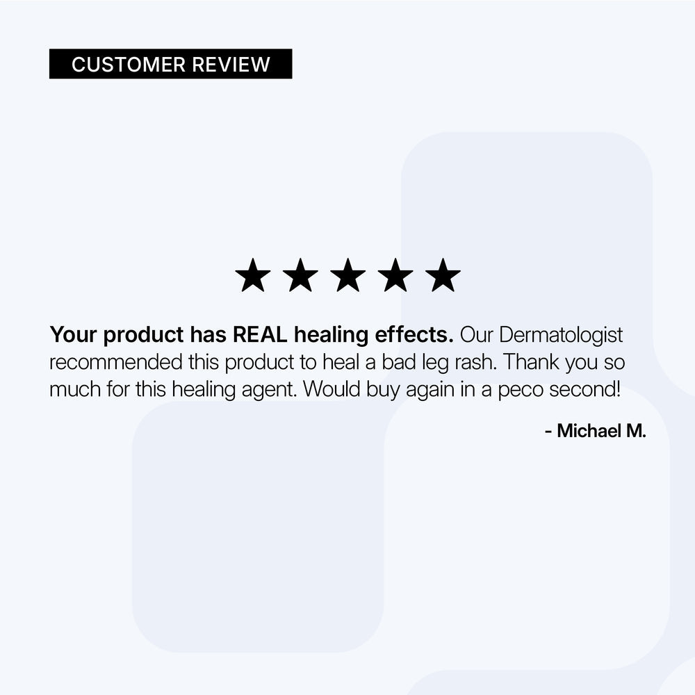 Five-star customer review for a Neova Cu3 Recovery Lotion with a white background. NEOVA Cu3 Recovery Lotion with Copper Tri-Peptide, petrolatum, and sodium hyaluronate to support post-procedure skin recovery.