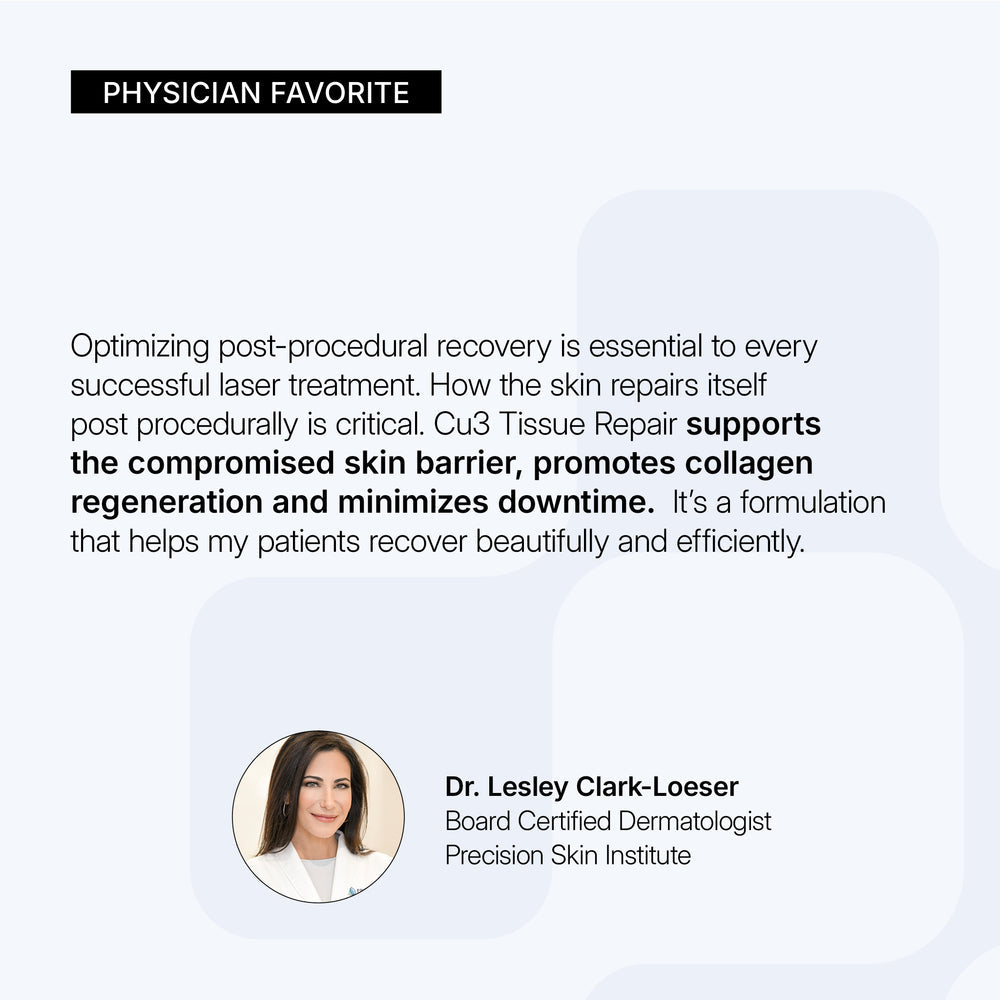 A marketing graphic with a light blue background featuring a black 'PHYSICIAN FAVORITE' header and a block of text praising Cu3 Tissue Repair. Below the text is a circular portrait of Dr.