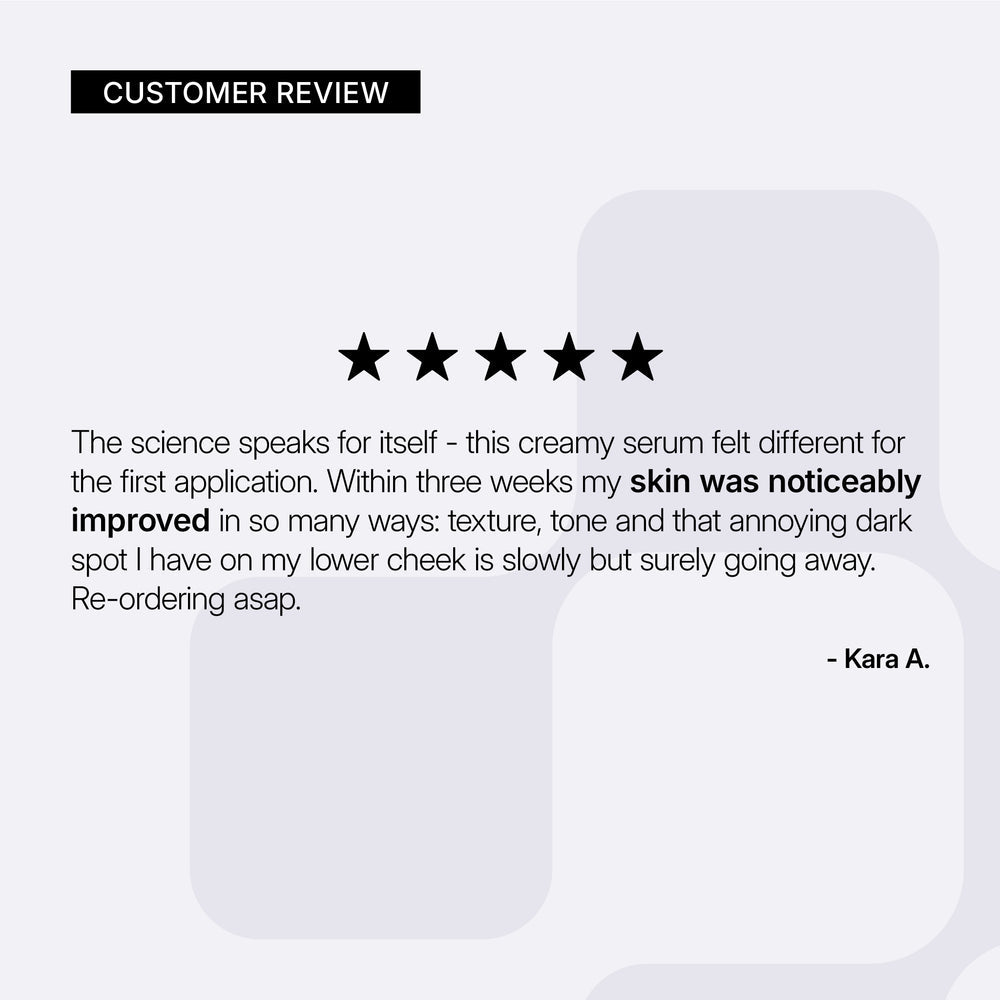 Five-star customer review on Neova DNA Total Repair for a creamy serum with text and product image.