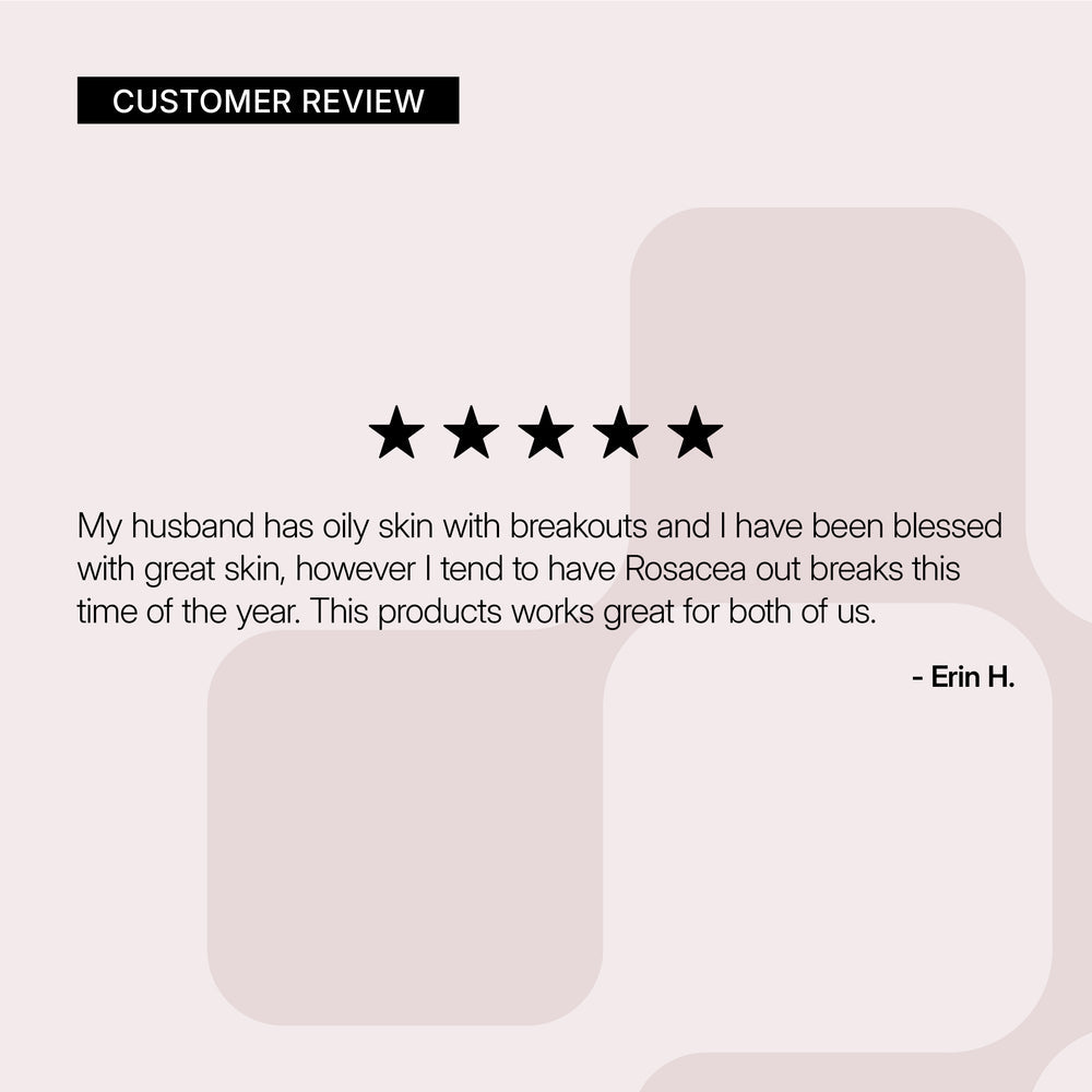 A customer review graphic with a black 'CUSTOMER REVIEW' header, five black stars, and a testimonial quote from Erin H. on a pale blush background with soft rounded abstract shapes on Microfoliant Cleanser by Neova.