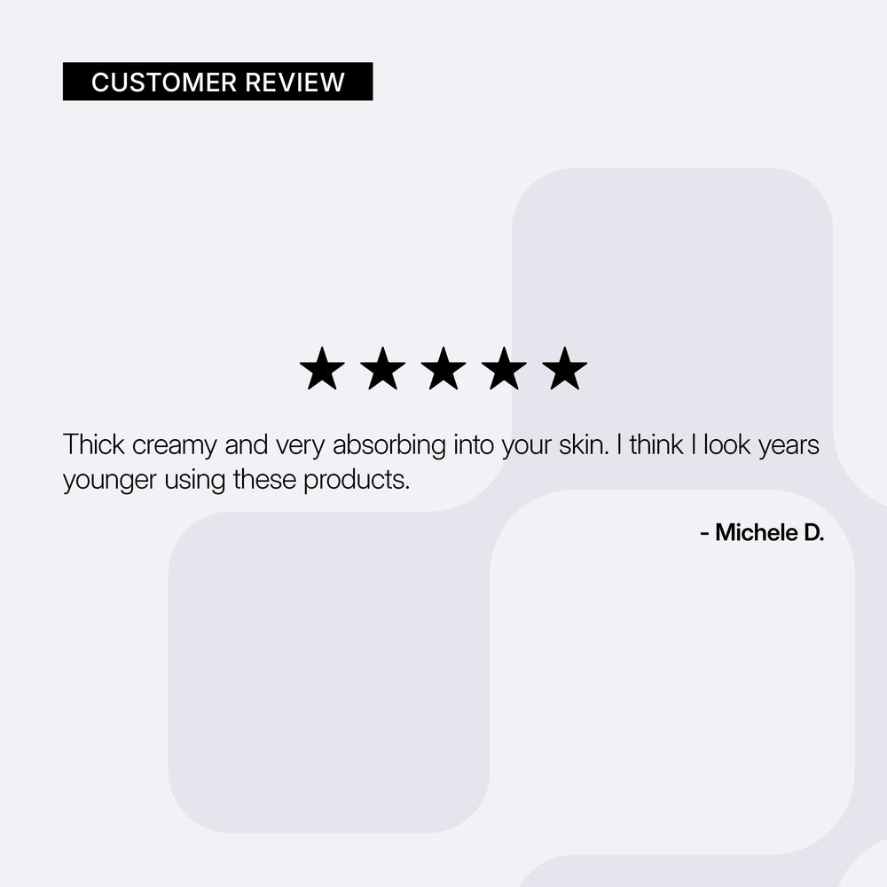 Five-star customer review with a testimonial about Neova Night Repair skincare product on a white background.