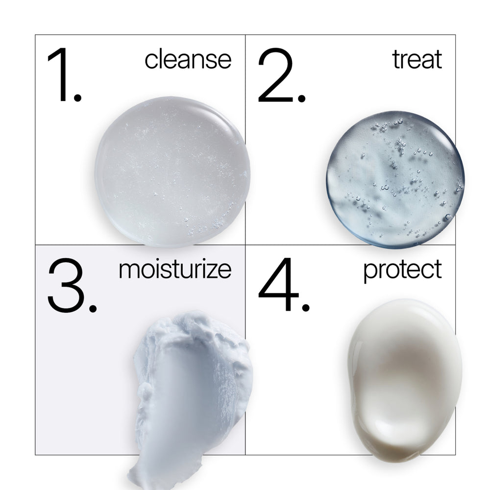 A four-step skincare process diagram on a white background with a thin grid. NEOVA Night Therapy in a daily skincare routine, used as the final treatment step before SPF.