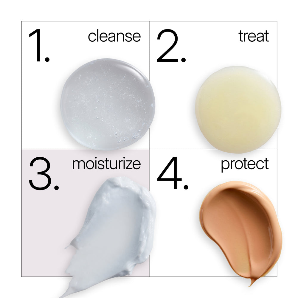 Four-step skincare cream swatches arranged in a grid: a translucent icy blue cleanser, a pale yellow treatment cream, a thick white moisturizer, and a warm beige protectant cream. NEOVA Ultimate Redness Relief with DNA repair enzymes and copper peptide complex for sensitive, redness-prone skin.